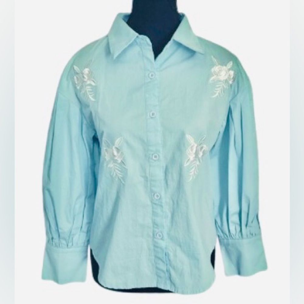 NWT Embroidered JJ’s Fairyland Blue Mint Green Blouse Top Shirt Floral Boho